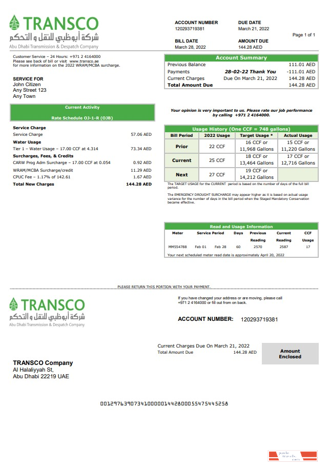 UAE Abu Dhabi Transmission & Despatch Company (TRANSCO) utility bill template in Word and PDF format